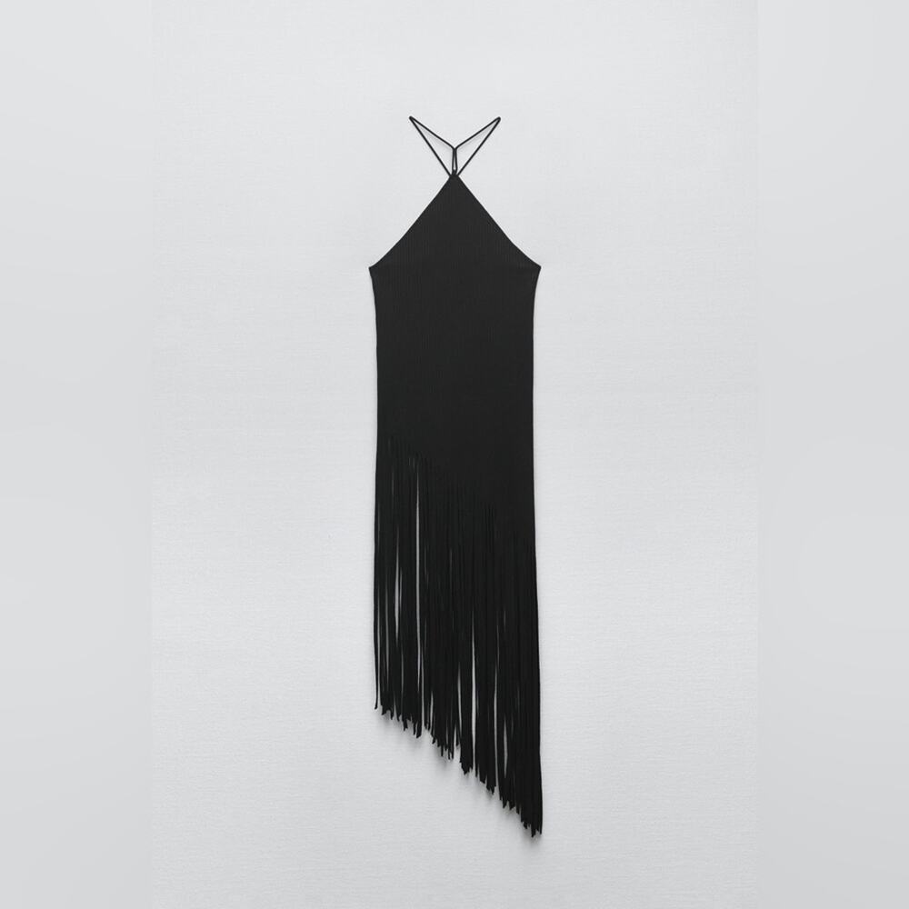 Zara Black Asymmetric Fringe Halter Dress - Picture 5 of 11